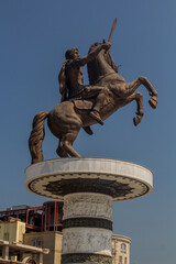 SKOPJE, NORTH MACEDONIA - AUGUST 9, 2019: Alexander the Great (Warrior on a horse) monument on the Macedonia square in Skopje, North Macedonia