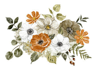Watercolor autumn bouquet. A floral arrangement made in rustic style. Botanical painting with burnt orange, rust, brown and white flowers. PNG clipart. - 584754007