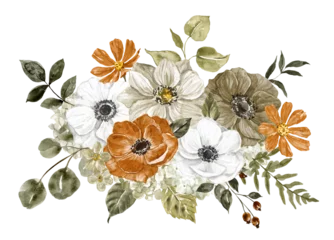 Schilderijen op glas Geschilderde Bloemen Watercolor autumn bouquet. A floral arrangement made in rustic style. Botanical painting with burnt orange, rust, brown and white flowers. PNG clipart.  © Anna Nekotangerine