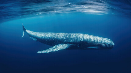 Fototapeta premium Big blue whale underwater in the sea deep in the ocean. Generative AI