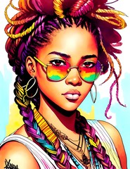 Obraz premium beauty african women. Painting fashion illustration. Hand drawn portrait of pretty girls on white background, for design for banner and printing on t-shirts, 3D Digital Painting. 