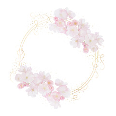 Watercolor flower frame with round golden lines and pink peach blossoms. Hand-drawn spring illustration. Design template for greeting card, wedding, invitation, birthday. Isolated design element 