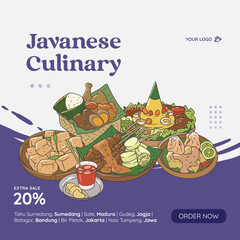 Javanese cuisine hand drawn illustration vector. Indonesian food set collection for social media post template