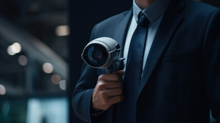 CCTV surveillance security camera in business suit spying on citizens. Cyber security and data privacy concept. 