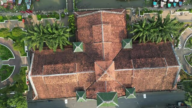 Drone footage above the old french colonial market in Can Tho city , capital of the Mekong Delta in south Vietnam 