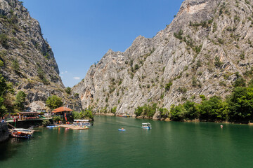 MATKA, NORTH MACEDONIA - AUGUST 10, 2019: Boating in Matka canyon in North Macedonia