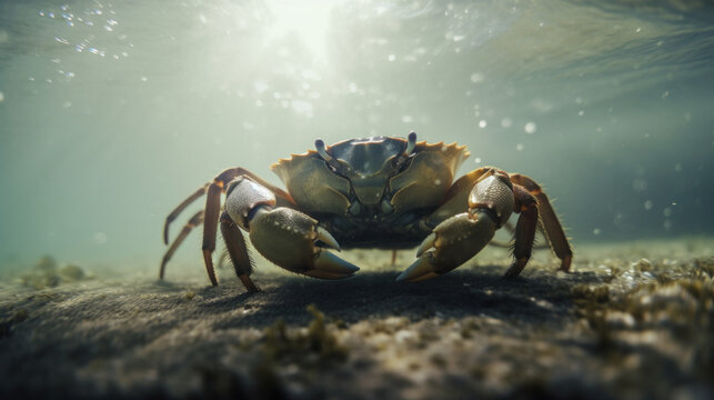 Crab at the bottom of the sea deep in the ocean. Generative AI
