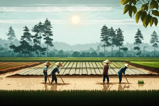 people works on a rice field. Generative AI