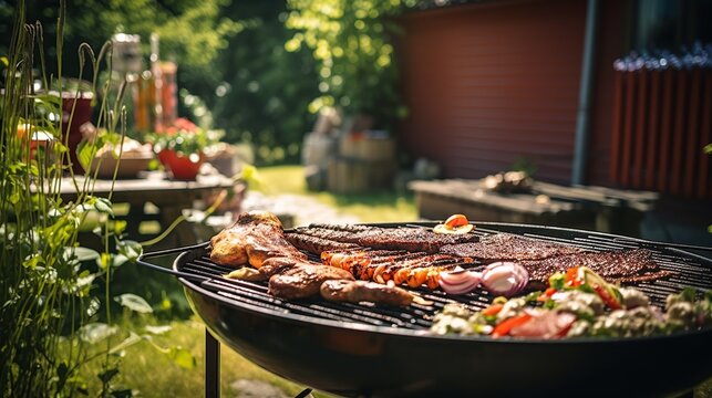 Outdoor bbq party on backyard background. Barbecue grilled food illustration. Juicy meat and vegetables. AI generative image.
