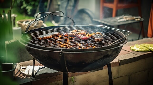 Outdoor bbq party on backyard background. Barbecue grilled food illustration. Juicy meat and vegetables. AI generative image.