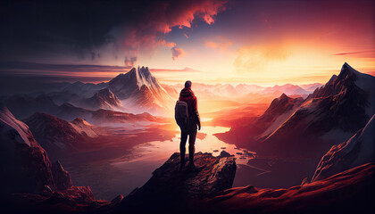 hiker celebrating success on top of a mountain in a majestic sunrise with Generative AI Technology