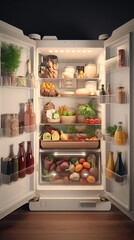 Open fridge with shelves full of different fresh and tasty food and drinks. Vertical illustration. AI generative image.