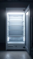 Clean big open fridge with empty shelves. Vertical illustration of kitchen refrigerator with no objects. Copy space. AI generative image.