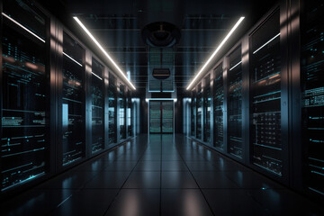 Fototapeta premium Infrastructure data-center server room with racks of hosting hardware and computers. Cloud computing IT infrastructure. Generative AI