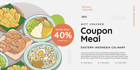 Food gift voucher discount order menu eastern indonesian food hand drawn vector 