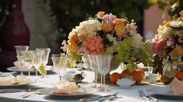 Luxurious outdoor table setting with beautiful decorative flowers and dishware. Wedding or other event celebrate illustration. AI generative image.