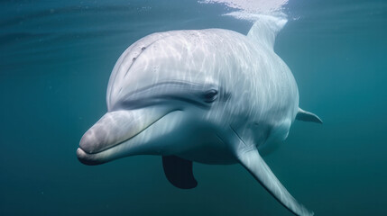 Dolphin swimming underwater in the sea deep ocean. Generative AI