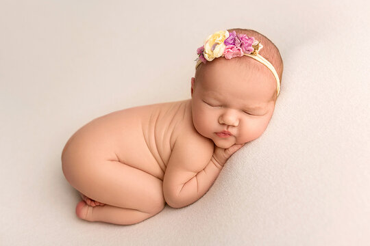 Top view of a newborn baby sleeping naked on a white felt background. Beautiful portrait of a little newborn 7 days, one week old. Small newborn angel with a white flower headband and colorful flowers