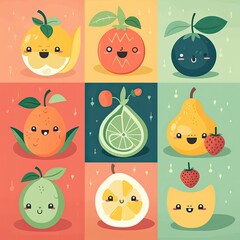 Cartoon funny fruits characters and fruits face illustrations. Funny fruit face and cartoon fruit characters icon set. Cartoon characters. Cartoon face food. Generative Ai.