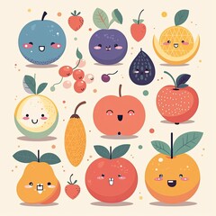 Fototapeta premium Cartoon funny fruits characters and fruits face illustrations. Funny fruit face and cartoon fruit characters icon set. Cartoon characters. Cartoon face food. Generative Ai.