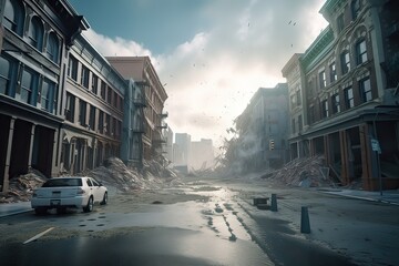 illustration of the tsunami disaster. The outbreak of the unprecedented city Earthquake and tsunami. Generative Ai. - obrazy, fototapety, plakaty