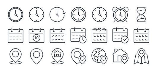Time, date and address concept editable stroke outline icons set isolated on white background flat vector illustration. Pixel perfect. 64 x 64. - obrazy, fototapety, plakaty