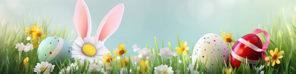 Easter bunny and easter eggs banner cartoon illustration. Generative AI