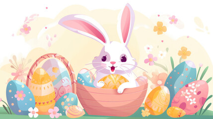 Fototapeta premium Easter bunny and easter eggs basket cartoon illustration. Generative AI
