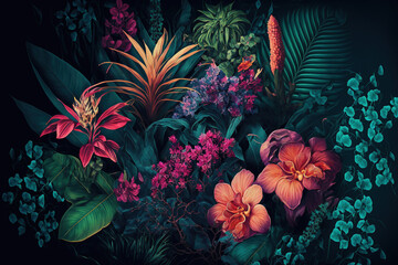 Fototapeta na wymiar Tropical flowers and leaves, dark background. AI 