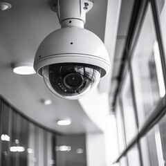 Security, CCTV cameras in the office building, and home security system concept with blur background. Outdoor CCTV Security camera installed on the building wall in the city. Generative Ai