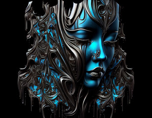 Naklejka premium a chrome mask lying on a solid black background, the reflective mask is that of a beautiful weeping goddess, blue moonlight reflects off the tears