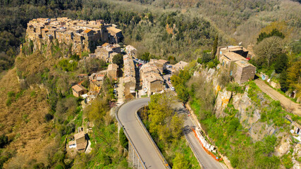Aerial view of old town of Calcata, in the Province of Viterbo, Lazio, Italy. The town overlooking...