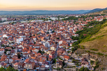 Evening aerial view of Prizren town, Kosovo