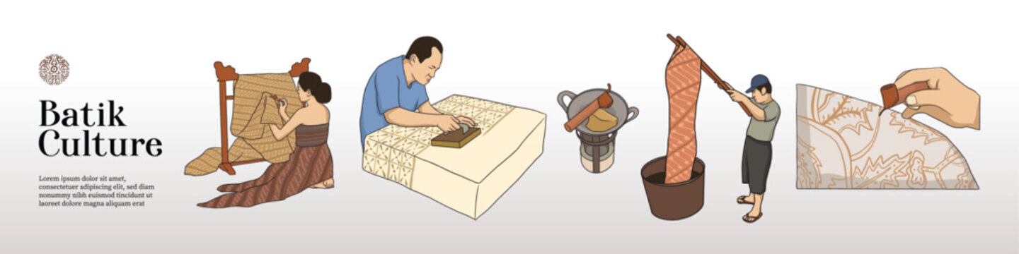 Isolated Batik Illustration vector with people doing batik activities. Hand drawn Indonesian cultures background. 