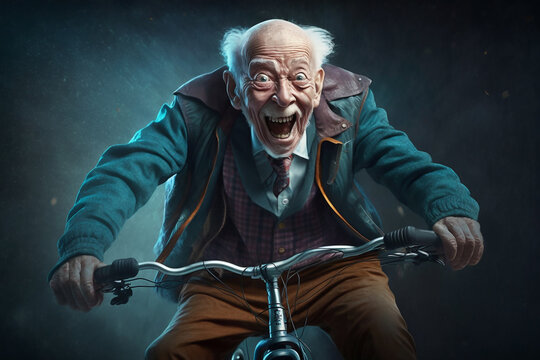 Crazy happy and smiling elderly man ride the bicycle - AI generative