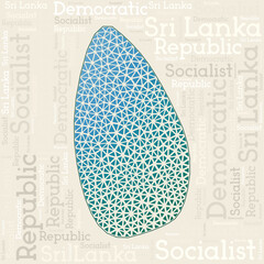 SRI LANKA map design. Country names in different languages and map shape with geometric low poly triangles. Powerful vector illustration of Sri Lanka.