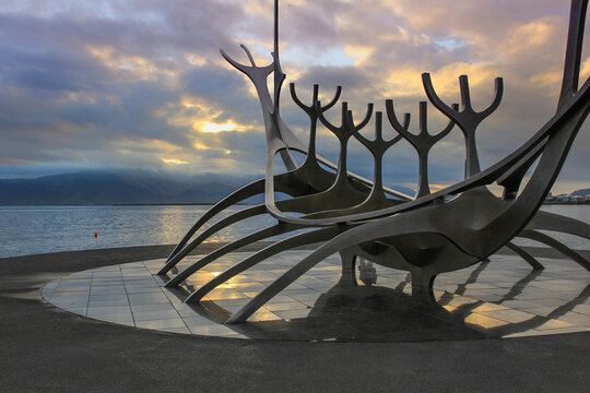 Solfar at the sunrise, The Sun Voyager mounument in Reykjavik, Iceland