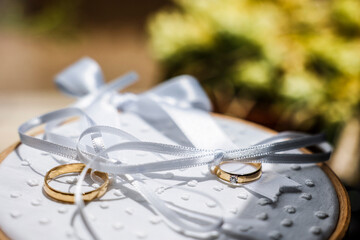 coppia di fedi da matrimonio  isolate su un cuscinetto chiaro 