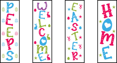 Happy easter color hand drawn lettering calligraphy holiday concept porch sign; Happy easter hand drawn color porch sign; Happy easter vertical lettering porch sign 