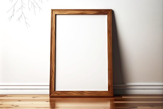 Rectangular picture frame mockup with wooden subframe on light wooden floor, created with generative ai
