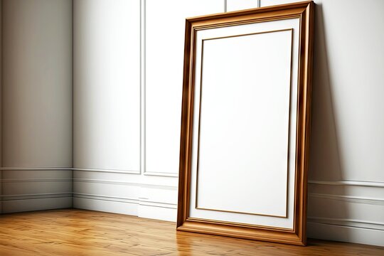 Rectangular picture frame mockup with wooden subframe on light wooden floor, created with generative ai