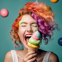 A young woman with colorful hair, laughing and eating an ice cream cone, surrounded by multicolored balls on the background. The colors of her wavy curls complement the bright hues in her makeup.