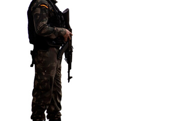Security person army commando is standing against isolated white background with assault rifle.