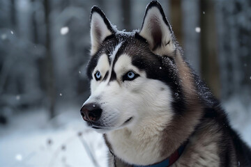 Siberian Husky dog in snowy outdoor Winter scene
