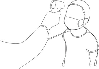 Continuous one-line drawing teacher checks the body temperature student. Healthcare in school and office concept single line drawing design graphic vector illustration