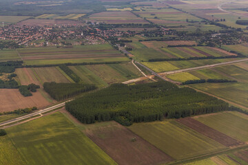 Aerial view of M4 motorway construction site and Peteri village east of Budapest, Hungary