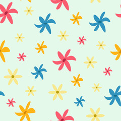 Seamless floral pattern with colorful flowers of different sizes on a light background. Floral pattern. Blue, red, yellow, orange. Pattern for background, packaging, decor, wallpaper, textile.