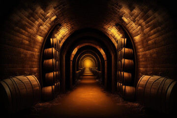 Fototapeta na wymiar rustic dark wine cellar with wine barrels. Generative AI