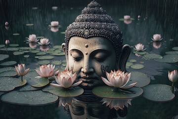 buddha statue in the water between lotus flowers. Generative AI