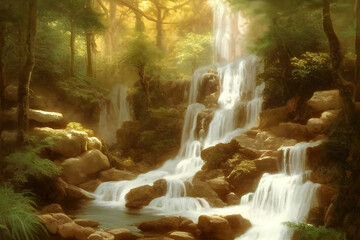 Majestic waterfall cascading down. Forest environment outdoor.